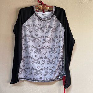 Singh Womens Rash Guard Swimwear Top Small Black Ruched Dragon Floral Stretch